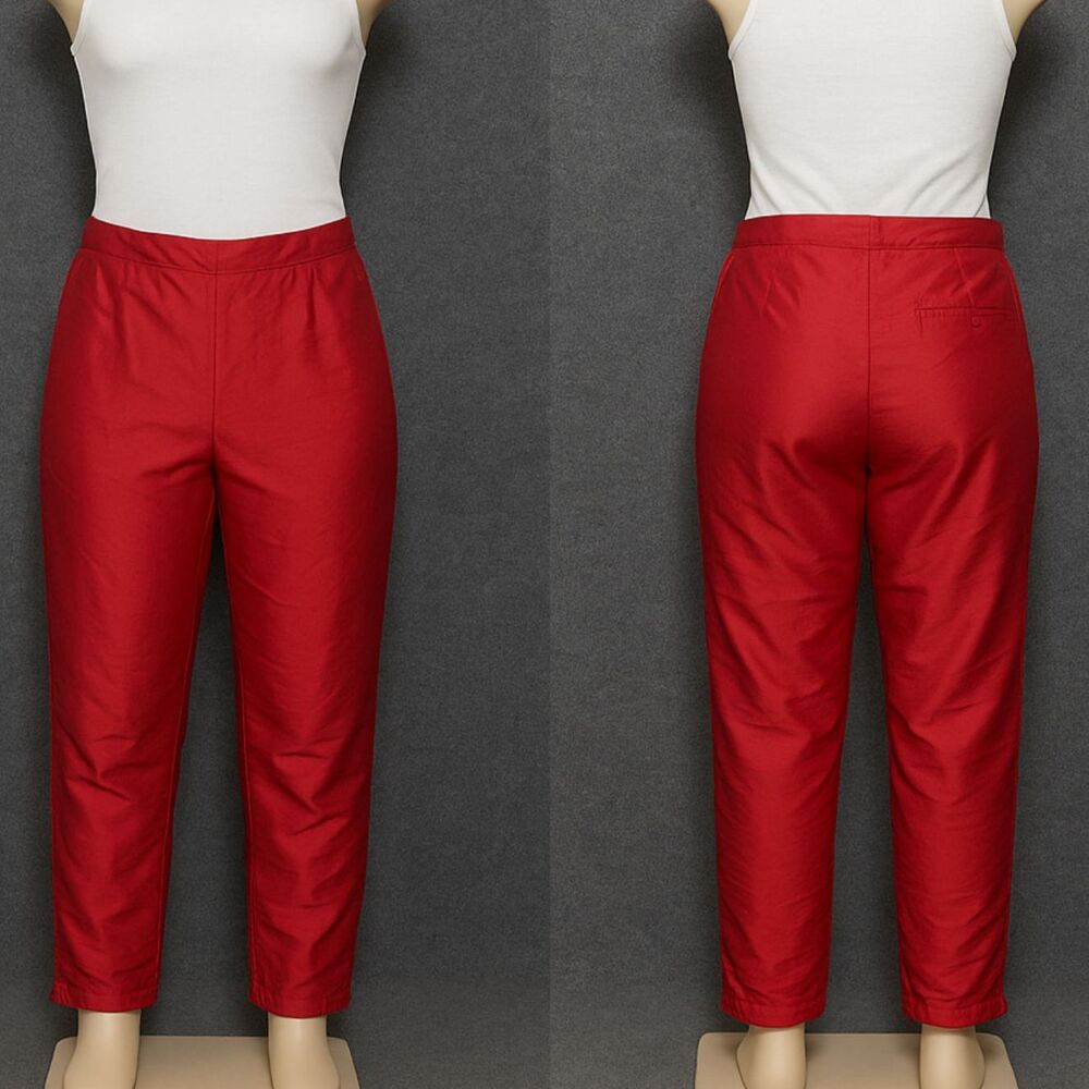 VTG Ice Women’s Red silk Windbreaker Track Pants Sz 14 Side Zip Logo Fully Lined